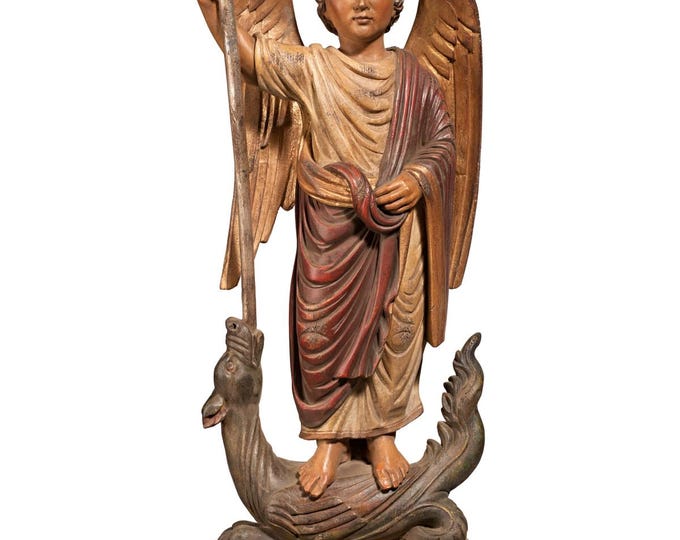 Romanesque statue of Saint Michael the Archangel, carved from Valgardena wood and hand-decorated, handcrafted in Italy.