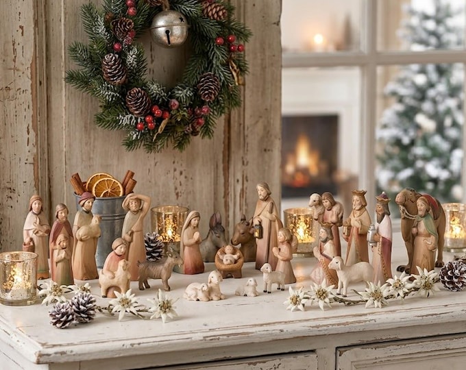 Complete 24-piece nativity scene (without stable) carved in Valgardena wood, hand-decorated, Italian artisan production