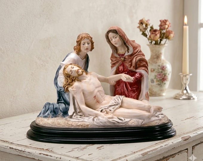 Deposition of Jesus statue 28 x 40 cm (11.02 x 15.74 inches) in alabaster powder, wooden base, hand decorated, made in Italy