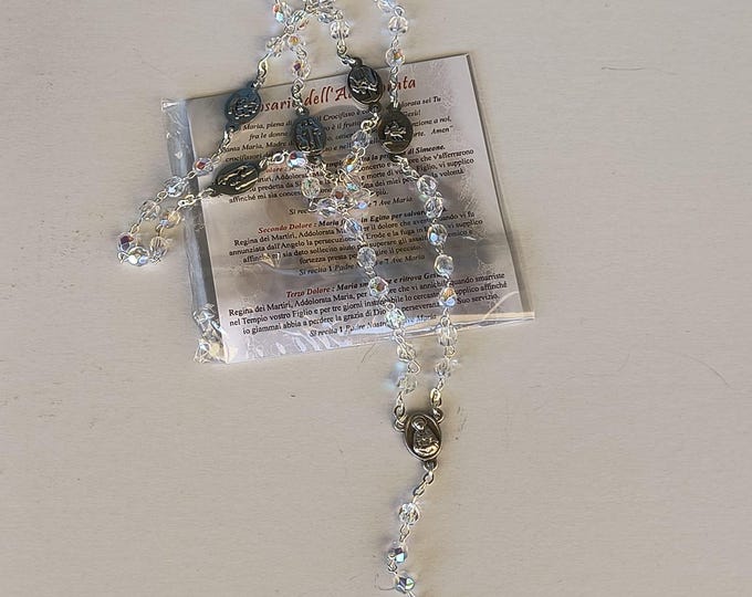 Rosary of Our Lady of Sorrows, in half crystal with prayers, handcrafted in Italy