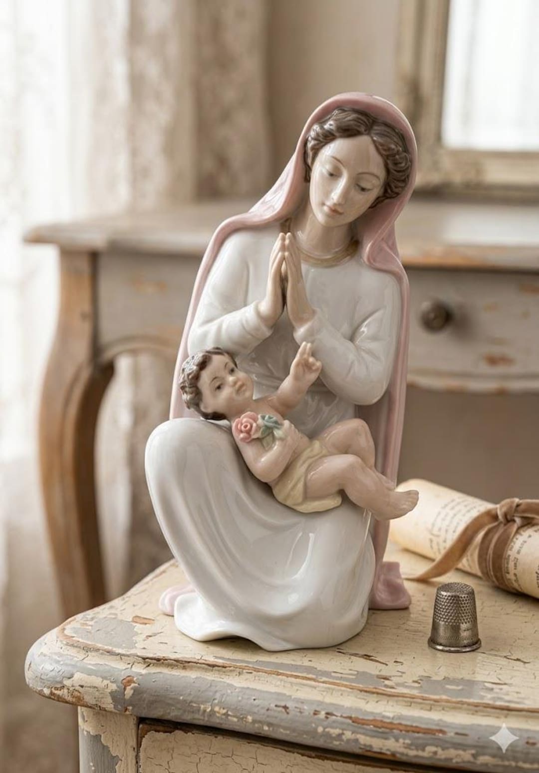 0708G MADONNA PELLE ROSE　置物　サインあり 高さ39CM Madonna of the Roses Statue - 8.25