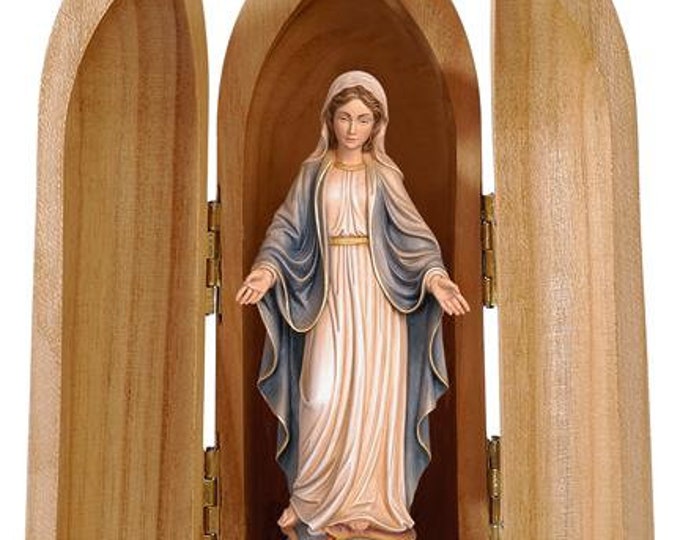 Statue of the Miraculous Madonna of Graces with niche, carved in Valgardena wood, hand-decorated, made in Italy