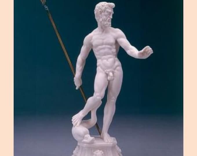 Classic sculpture "Neptune by Giambologna", cm 35 (13.77 inches) in alabaster powder, marble base, handcrafted, made in Italy