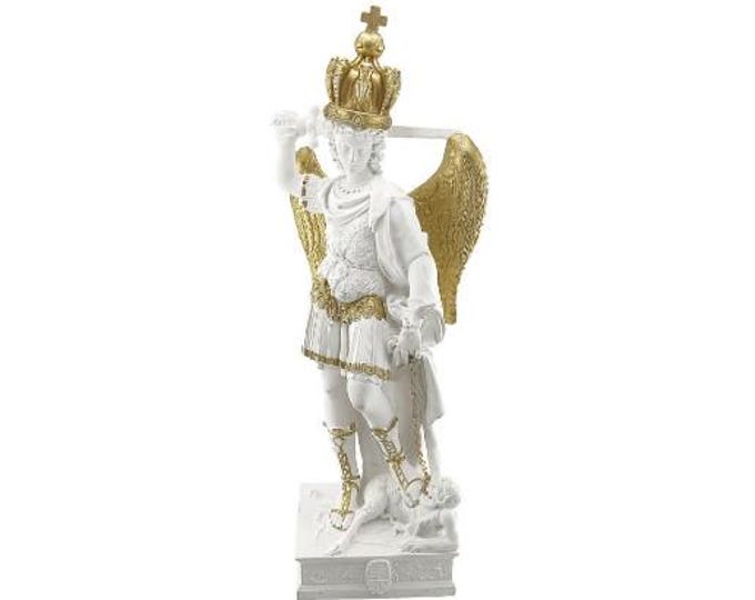 Statue of Saint Michael the Archangel in marble resin, white and gold finish, hand-decorated, Italian artisan production, various sizes available