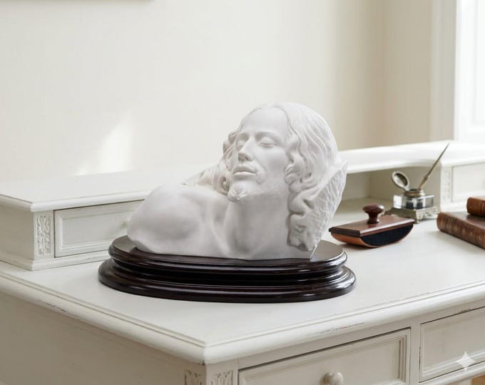 Classical sculpture "Head of Jesus by Michelangelo", 18 cm (7.08 inches) in alabaster powder, wooden base, handcrafted, made in Italy