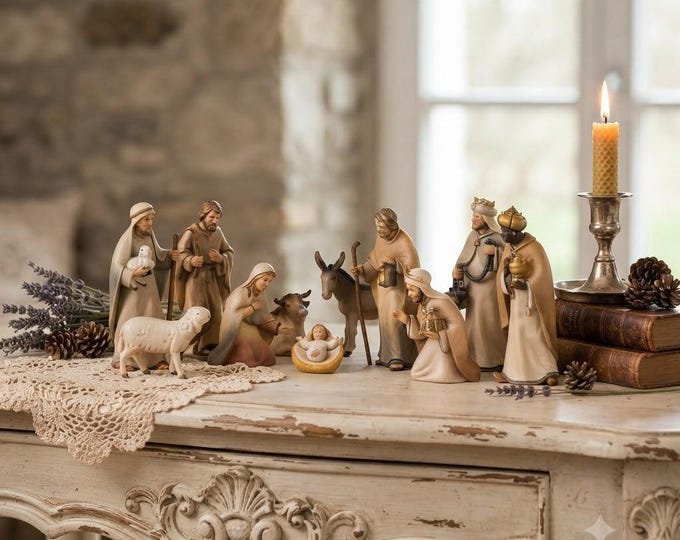 Complete 11-piece nativity scene (without stable) carved in Valgardena wood, hand-decorated, various sizes, Italian artisan production