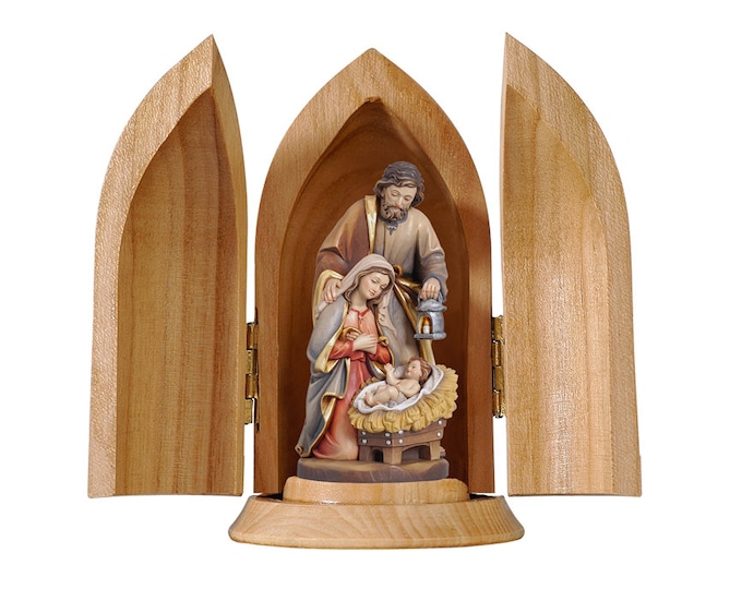 Sculpture Nativity Holy Family with niche, carved in wood of Valgardena decorated by hand of Italian production