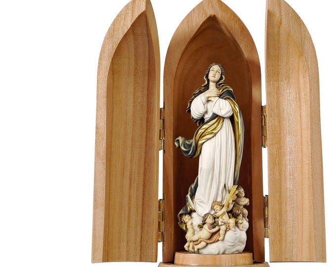 Statue of the Immaculate Conception of Our Lady with niche, carved in Valgardena wood and hand-decorated, made in Italy.