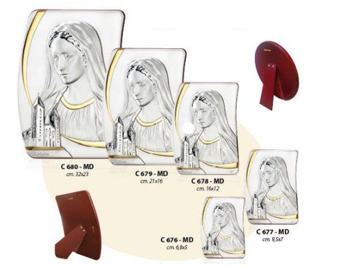 Wooden picture with silver plaque of the Madonna of Medjugorje, various sizes available, of Italian artisan production