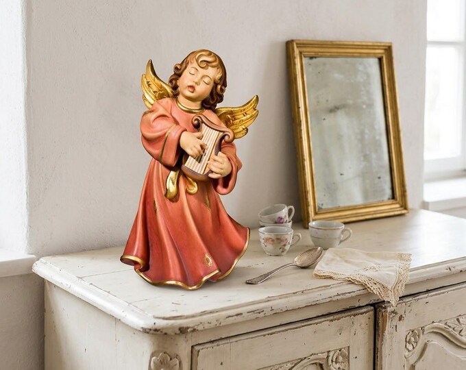 Angel Symphony sculpture, putto with harp, carved in Valgardena wood, various sizes, handcrafted in Italy