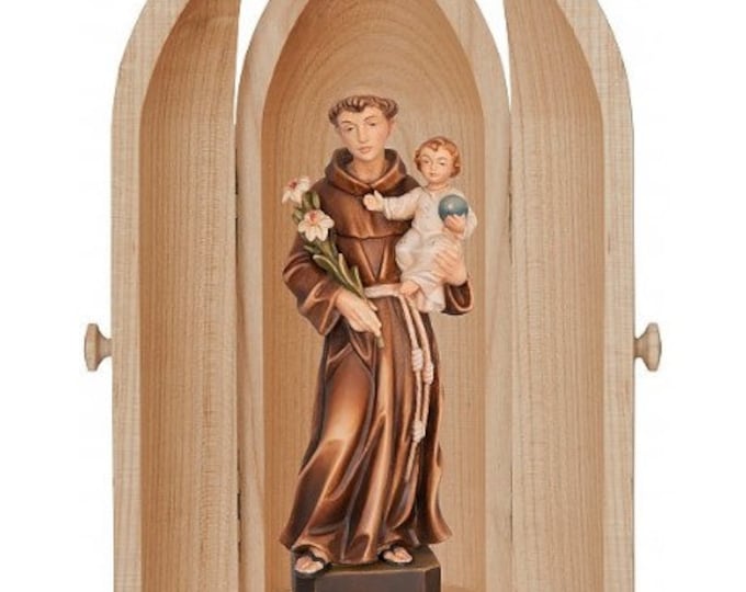 Statue of St. Anthony of Padua with niche, carved in Val Gardena wood and hand decorated of Italian artisan production