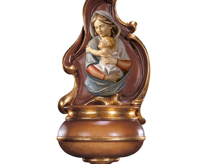 Holy water stoup with Madonna, carved in Valgardena wood decorated by hand with oil and gold leaf colors, of Italian production