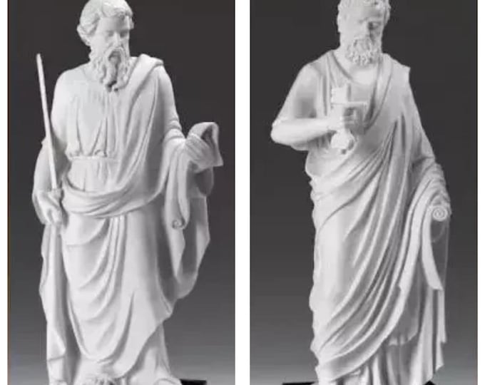 Pair of Statues of Saint Peter and Saint Paul, cm 29 and cm 28 (11.41 and 11.02 inches) alabaster powder, marble base, made in Italy