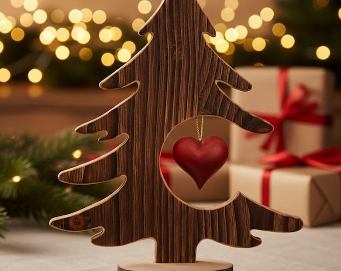 Abete albero di Natale con cuore, scolpito in legno della Valgardena e decorato a mano di produzione artigianale italiana