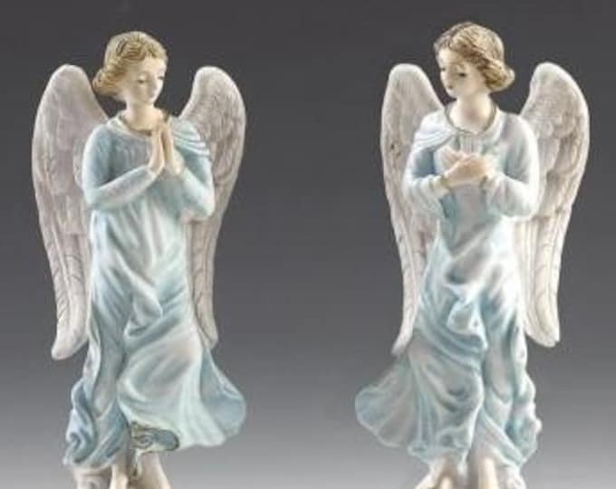 Pair of angels cm 22 (8.66 inches) made of alabaster powder, wooden base, hand decorated, made in Italy