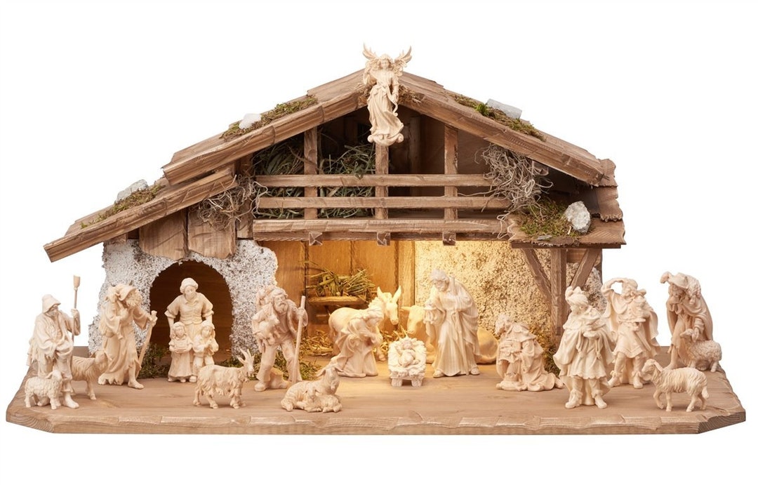 Alpine Nativity Scene Carved in Valgardena Pine Wood, 20 Pieces With