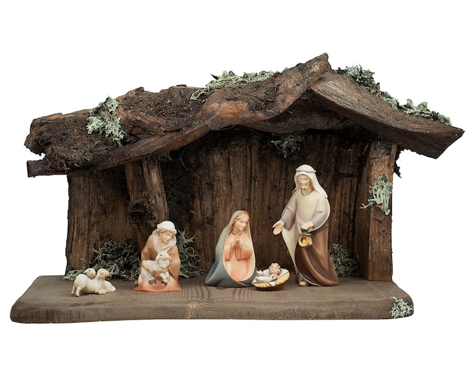Nativity scene carved in valgardena wood and decorated by hand, with hut, various sizes available, Italian artisan production
