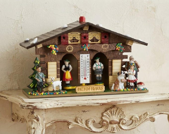 Alpine timepiece house "Heidi Haus" in carved wood hand painted 14 cm (5.51 inch) of Italian artisan production