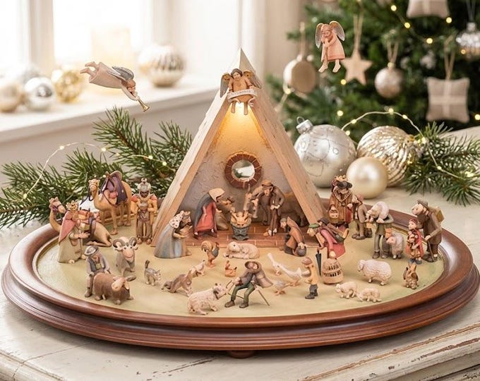 Kastlunger nativity scene carved in Valgardena wood, 28 pieces with frame and stable, Italian artisan production
