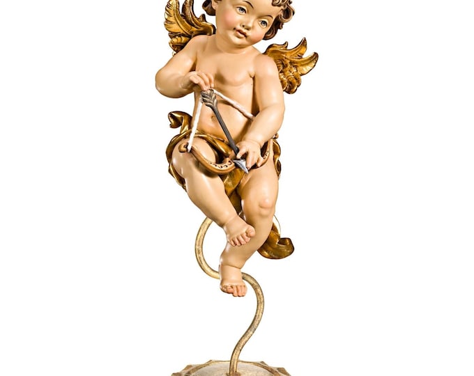 Angel sculpture, Cupid putto on pedestal, carved in Valgardena wood decorated by hand, handcrafted in Italy