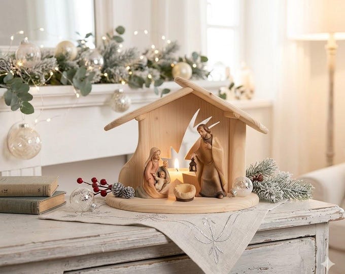 Nativity scene, Holy Family, Nativity, with stable, carved in Valgardena wood and decorated by hand, Italian production, various sizes