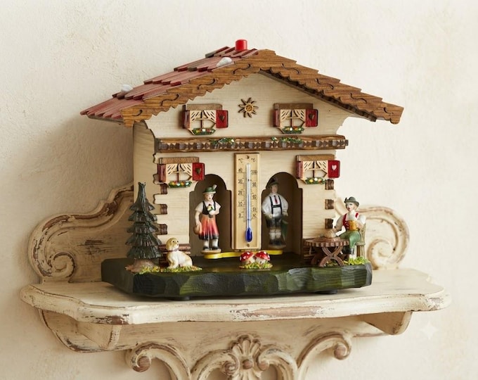 Alpine house barometer in carved wood from Valgardena, 18.5 cm (7.28 inch), handcrafted in Italy