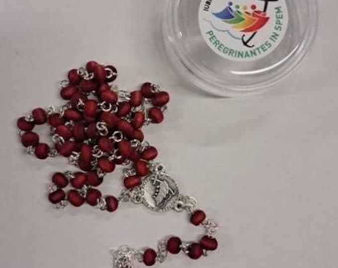 Jubilee 2025 Rosary in rose-scented wood with Jubilee logo case, handcrafted in Italy