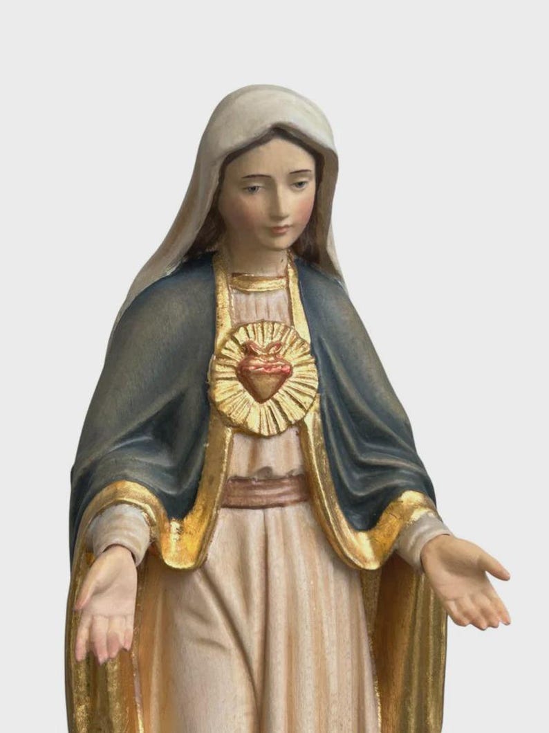 Statue of the Sacred Heart of Mary, Carved in Valgardena Wood, Hand ...