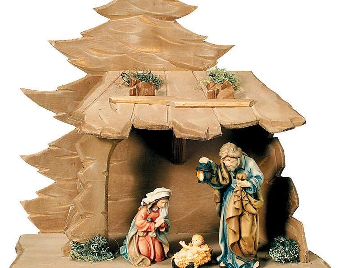 Presepe, Sacra Famiglia con capanna, scolpito in legno della Valgardena, varie misure disponibili, produzione artigianale italiana