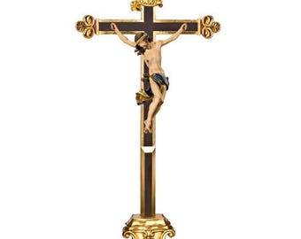 Baroque Crucifix on pedestal, carved in Valgardena wood and hand decorated, various sizes, handcrafted in Italy