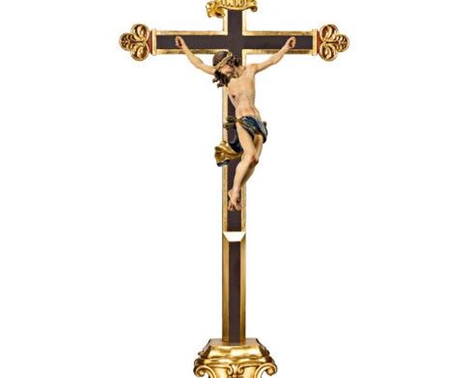 Baroque Crucifix on pedestal, carved in Valgardena wood and hand decorated, various sizes, handcrafted in Italy