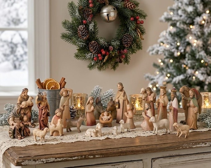 Complete 24-piece nativity scene (without stable) carved in Valgardena wood, hand-decorated, various sizes, Italian artisan production