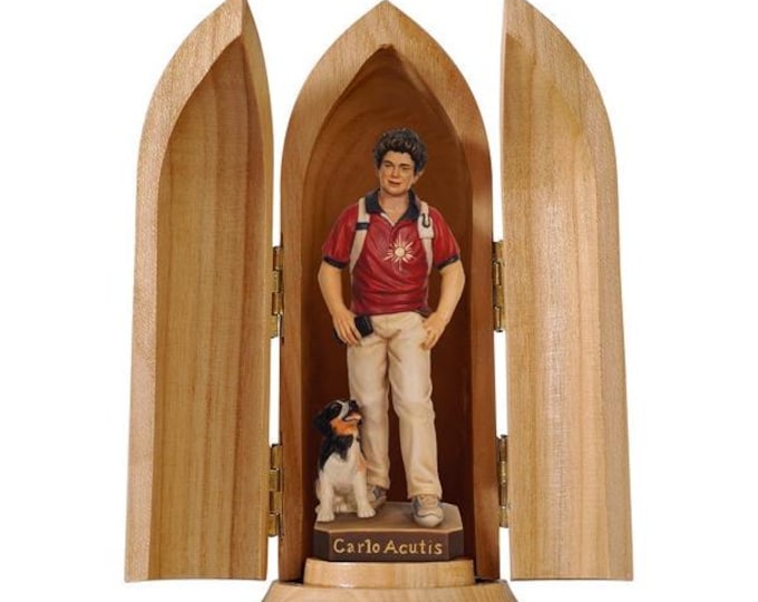 Statue of San Carlo Acutis 11 cm (4.33 inch) with niche, carved in Valgardena wood, hand-decorated, Italian artisan production