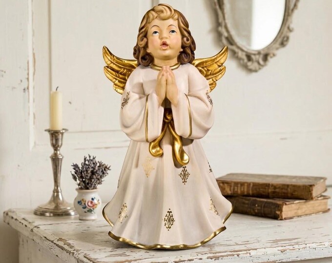 Angel Symphony sculpture, praying cherub, carved in Valgardena wood, various sizes, handcrafted in Italy