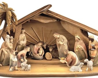 Nativity scene carved in Val Gardena wood, 18 pieces with hut, various sizes available, Italian handicraft production