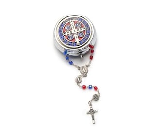 Rosary of Saint Benedict of Norcia, in faceted glass, 3 mm diameter grain, metal case, handcrafted in Italy