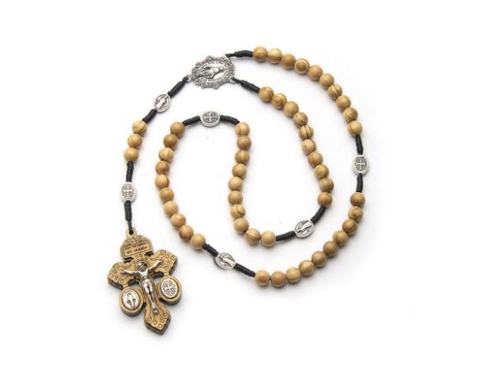 Olive wood Rosary of Forgiveness, 7mm diameter, with oval metal paters and a cross with medals, handcrafted in Italy.