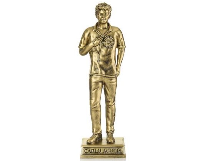Statue of Blessed Carlo Acutis in resin with bronze finish, hand-decorated, Italian artisan production, various sizes available