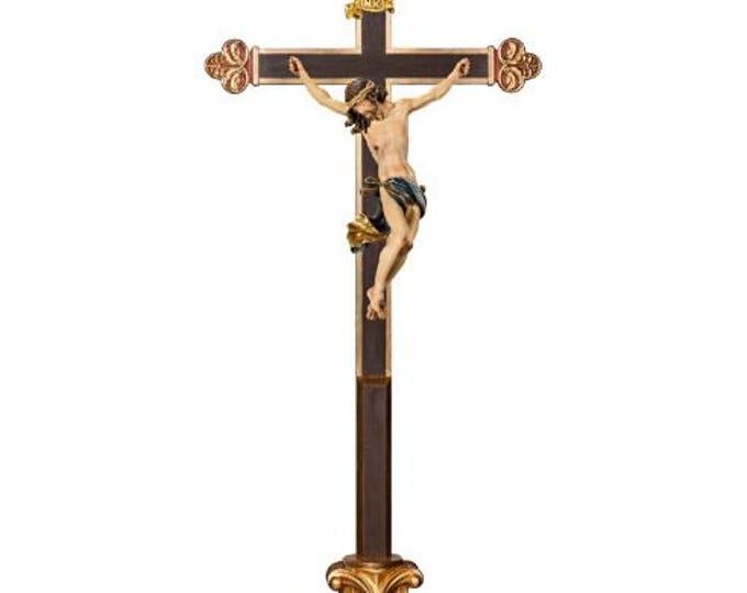 Baroque Crucifix on pedestal, carved in Valgardena wood and hand decorated, various sizes, handcrafted in Italy