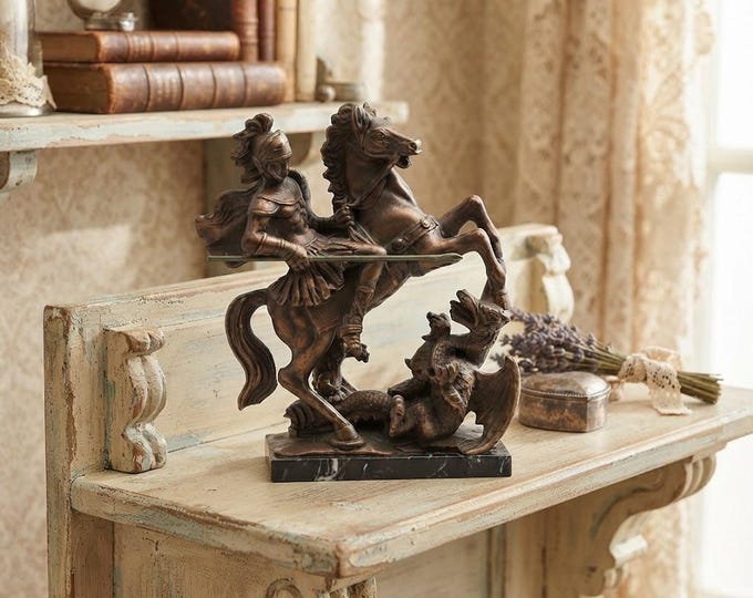 Statue of Saint George and the Dragon, 29 cm (11.41 inches), made of alabaster powder, marble base, handcrafted bronze finish, made in Italy