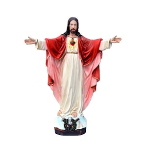 Statue of Jesus Sacred Heart with open arms in resin decorated by hand of Italian artisan production