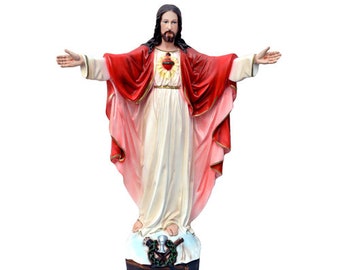 Statue of Jesus Sacred Heart with open arms in resin decorated by hand of Italian artisan production