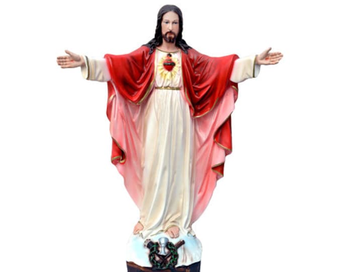 Statue of Jesus Sacred Heart with open arms in resin decorated by hand of Italian artisan production