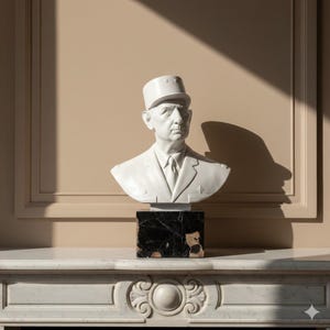 Bust sculpture of Charles de Gaulle 26 cm (10.23 inches) in alabaster powder with marble base, handcrafted, made in Italy