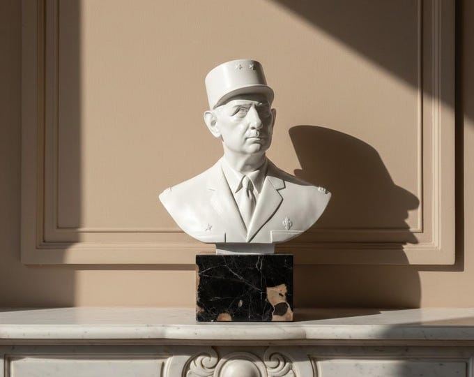 Bust sculpture of Charles de Gaulle 26 cm (10.23 inches) in alabaster powder with marble base, handcrafted, made in Italy