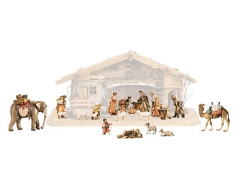 Complete nativity scene 21 pieces (without stable) carved in Valgardena wood, hand-decorated, various sizes, Italian artisan production