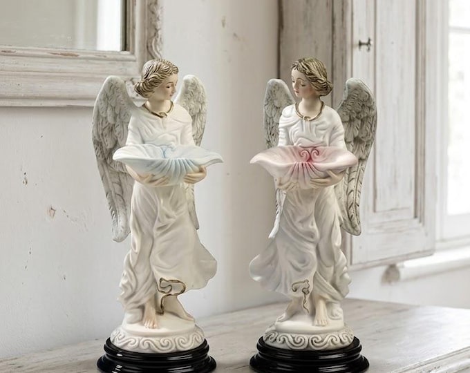 Pair of angels with holy water stoup, 25 cm (9.84 inches), made of alabaster powder, wooden base, hand-decorated, made in Italy