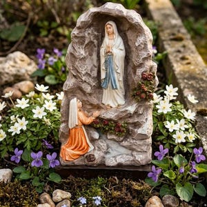 Statua Grotta apparizione Madonna Lourdes cm 22 x 12 (8,66 x 4,72 inches) in marmo resina decorata a mano di produzione artigianale italiana