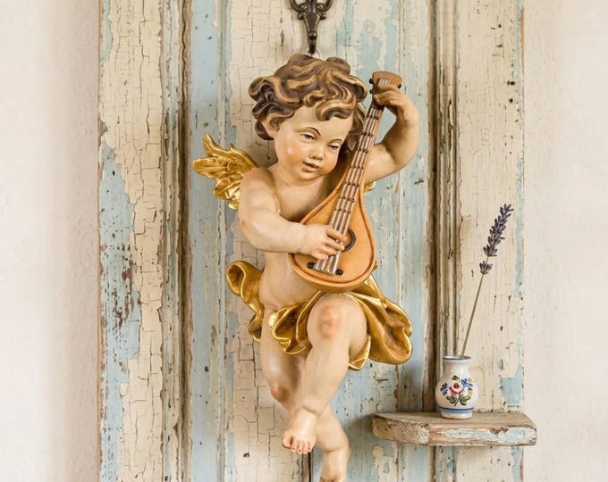Angel sculpture, putto with mandolin carved in Valgardena wood and decorated by hand, various sizes, handcrafted in Italy
