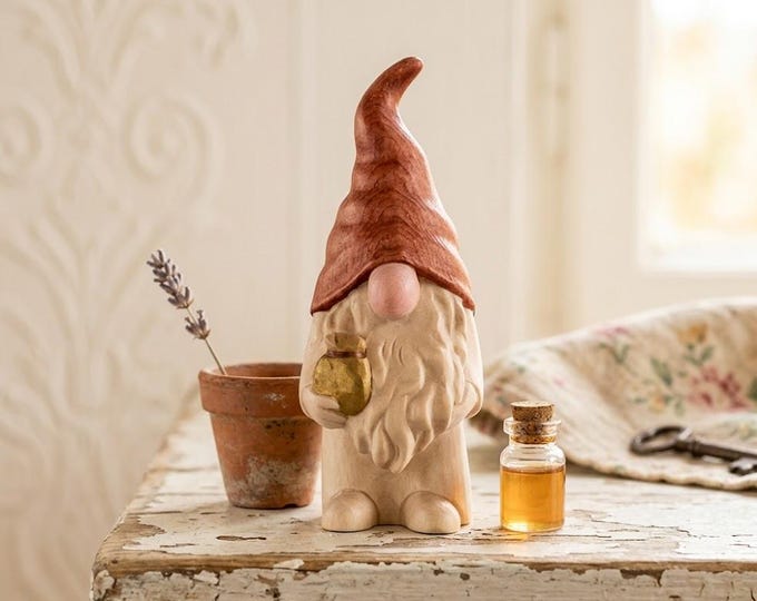 Gnome with a gift, carved from Swiss pine wood from Val Gardena, artistic carving, Italian artisan production, various sizes available